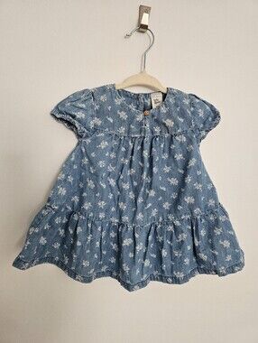 🧸2/20$ OshKosh B'gosh 6M Light Blue Floral Tiered Cotton Dress Denim Baby Girl